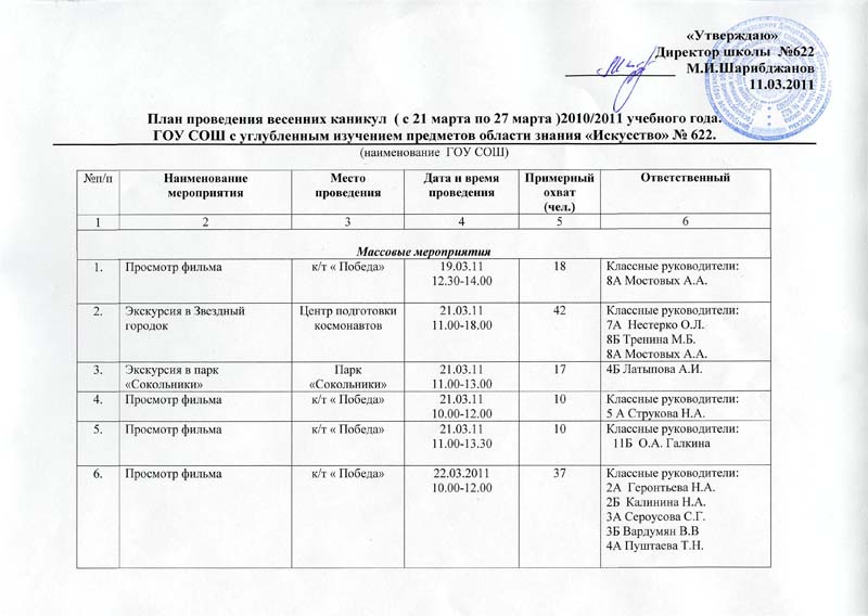 План работы школы во время летних каникул